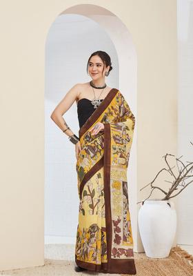 Brown Printed Silk Saree Set
