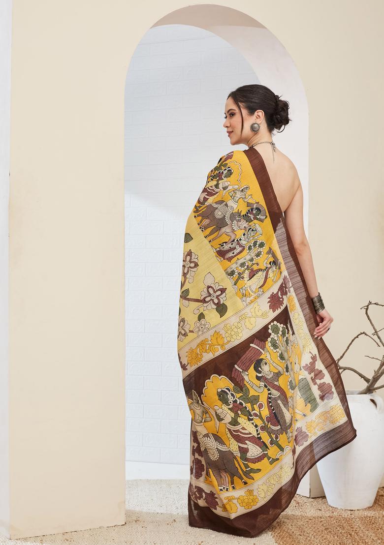Brown Printed Silk Saree Set - Indya