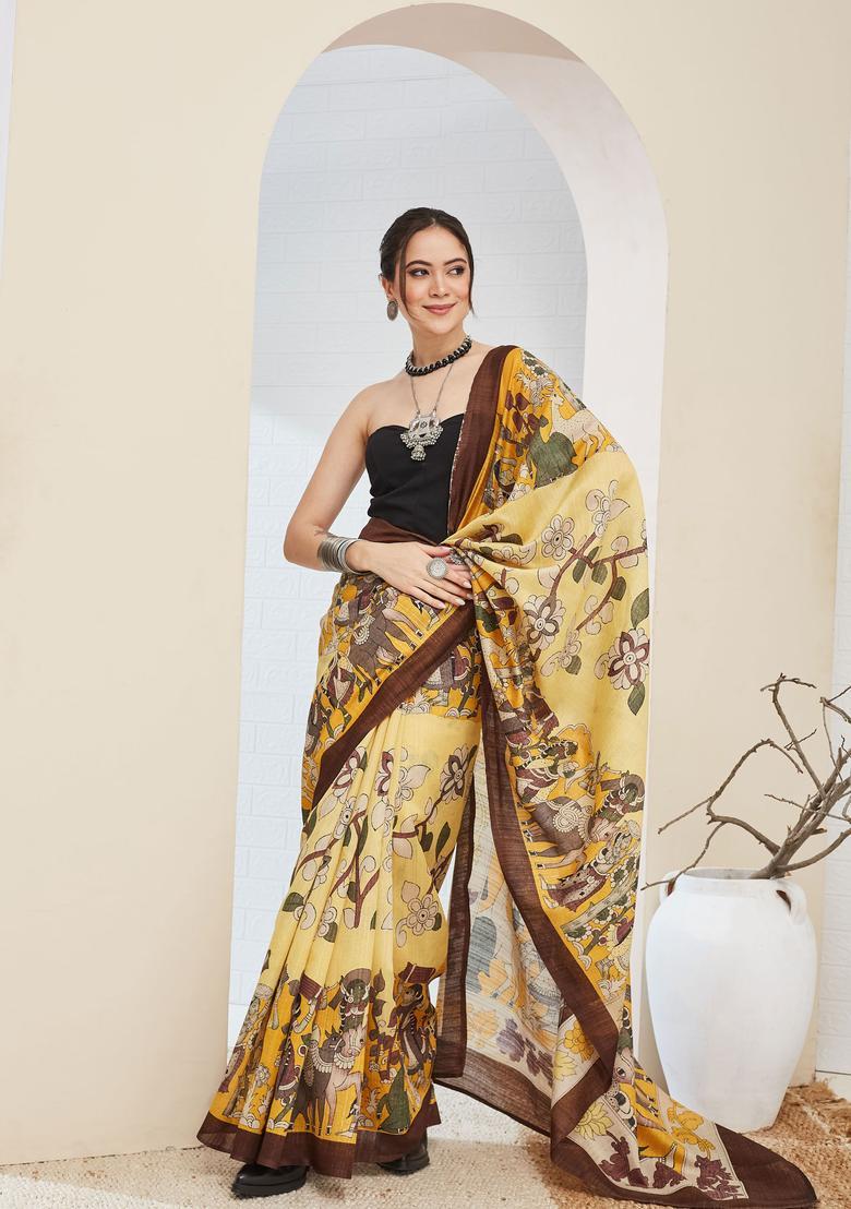 Brown Printed Silk Saree Set - Indya