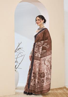 Brown Printed Silk Saree Set