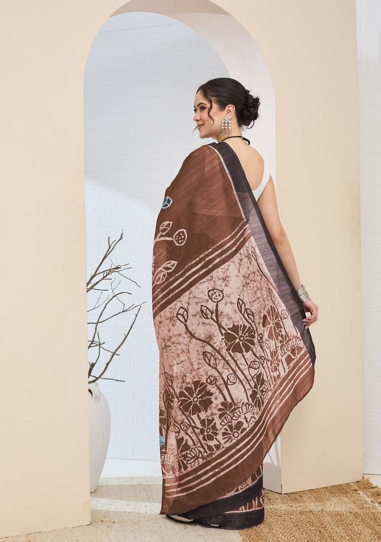 Brown Printed Silk Saree Set - Indya