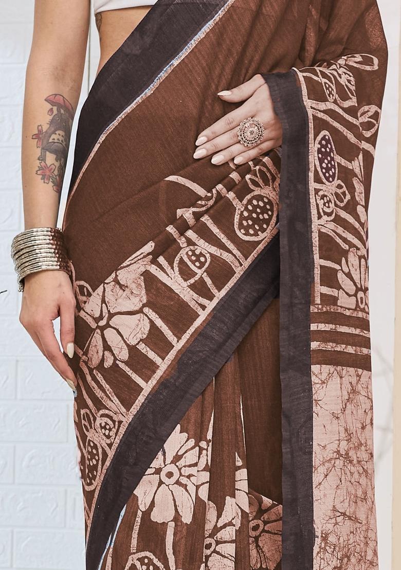 Brown Printed Silk Saree Set - Indya