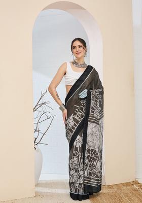 Black Printed Silk Saree Set