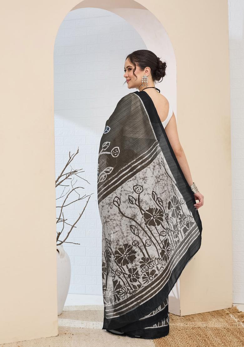 Black Printed Silk Saree Set - Indya