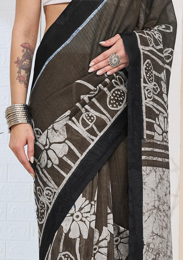 Black Printed Silk Saree Set - Indya