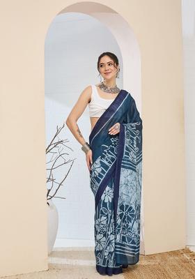 Blue Printed Silk Saree Set