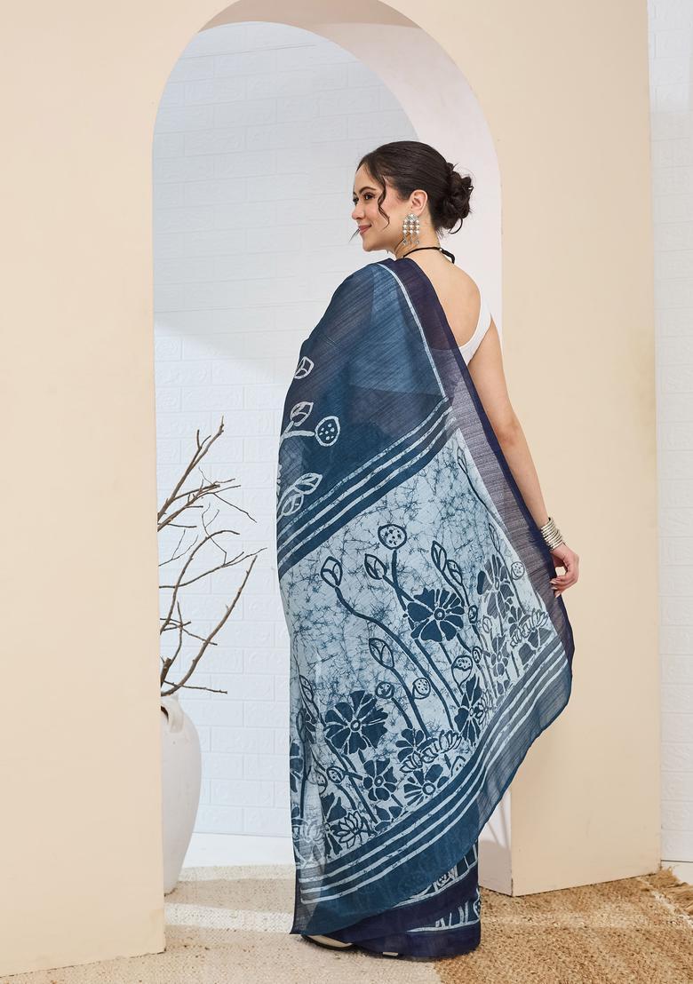 Blue Printed Silk Saree Set - Indya