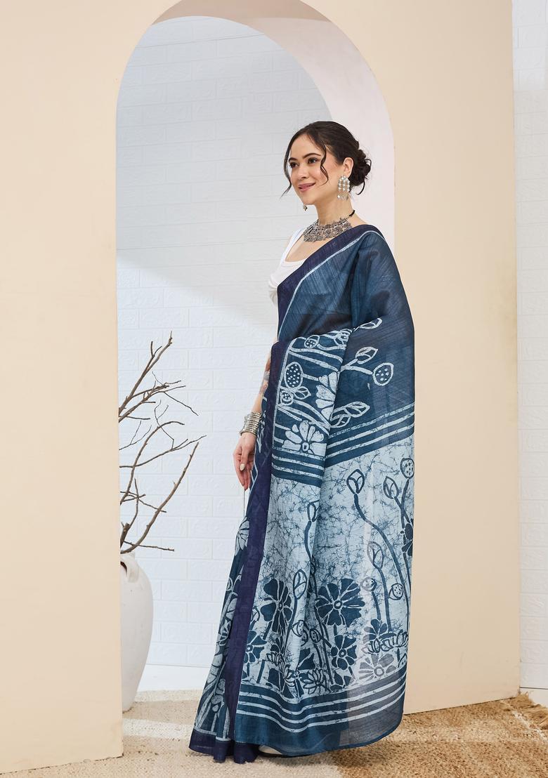Blue Printed Silk Saree Set - Indya