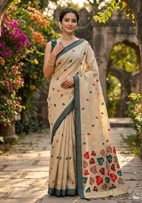Beige Zari Work Cotton Saree Set
