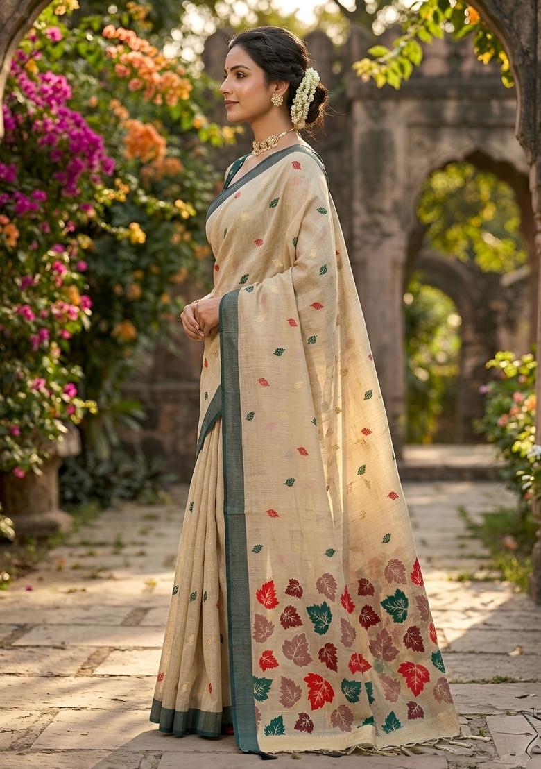Beige Zari Work Cotton Saree Set - Indya