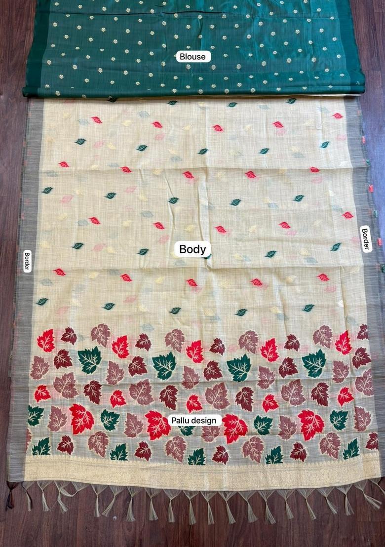 Beige Zari Work Cotton Saree Set - Indya