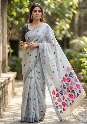 Grey Zari Work Cotton Saree Set