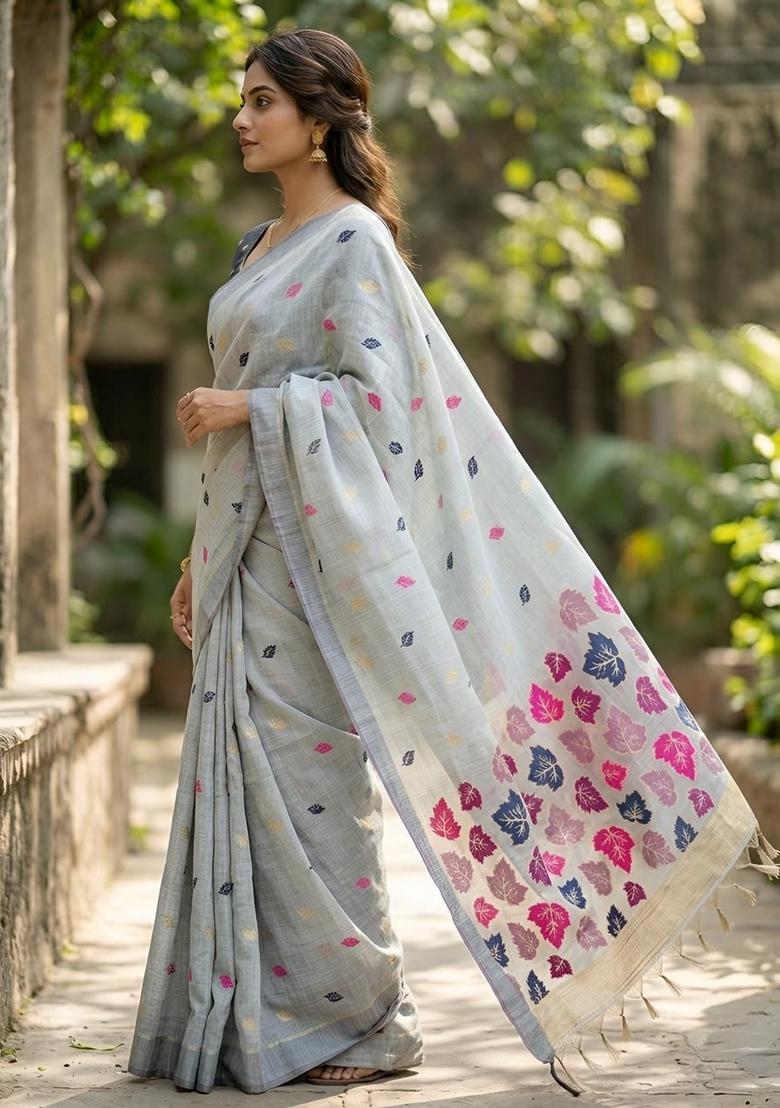 Grey Zari Work Cotton Saree Set - Indya