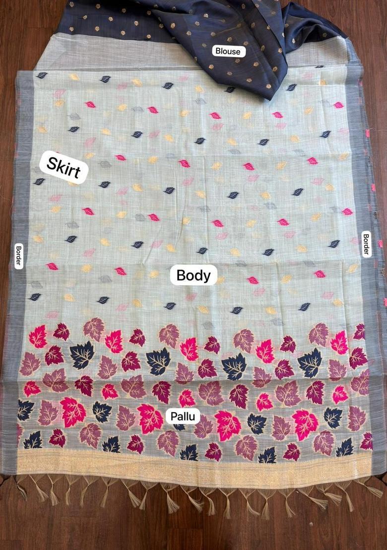 Grey Zari Work Cotton Saree Set - Indya
