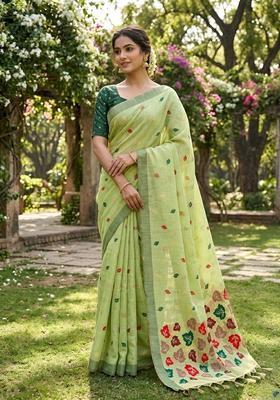 Green Zari Work Cotton Saree Set