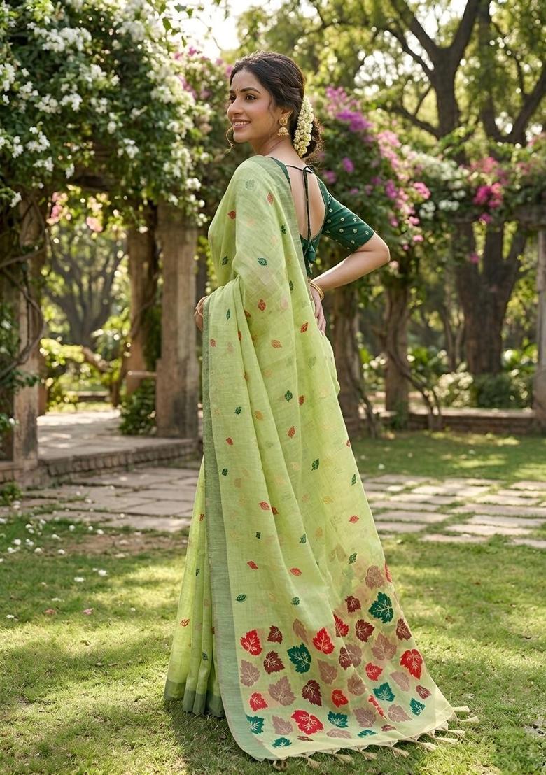 Green Zari Work Cotton Saree Set - Indya