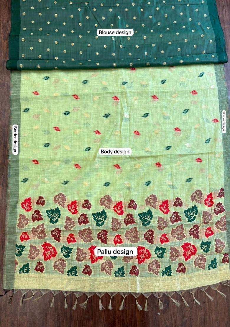 Green Zari Work Cotton Saree Set - Indya