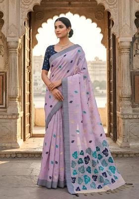 Lavender Zari Work Cotton Saree Set
