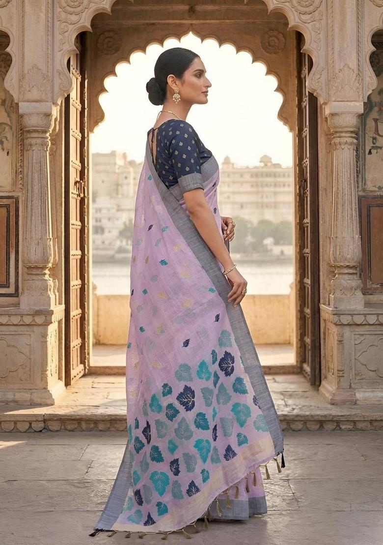 Lavender Zari Work Cotton Saree Set - Indya