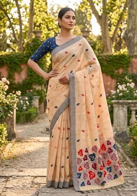 Orange Zari Work Cotton Saree Set