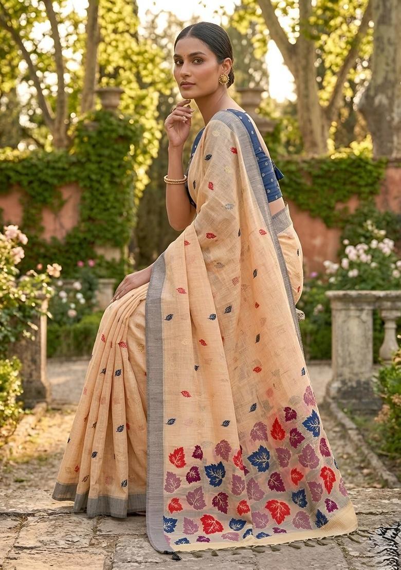 Orange Zari Work Cotton Saree Set - Indya