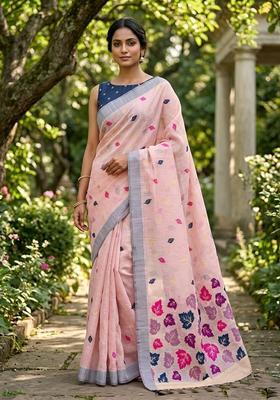 Pink Zari Work Cotton Saree Set