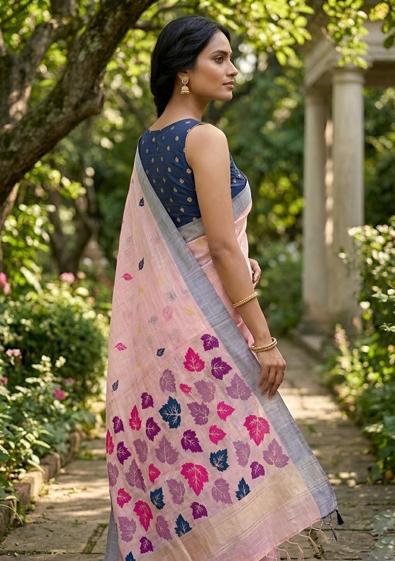 Pink Zari Work Cotton Saree Set - Indya