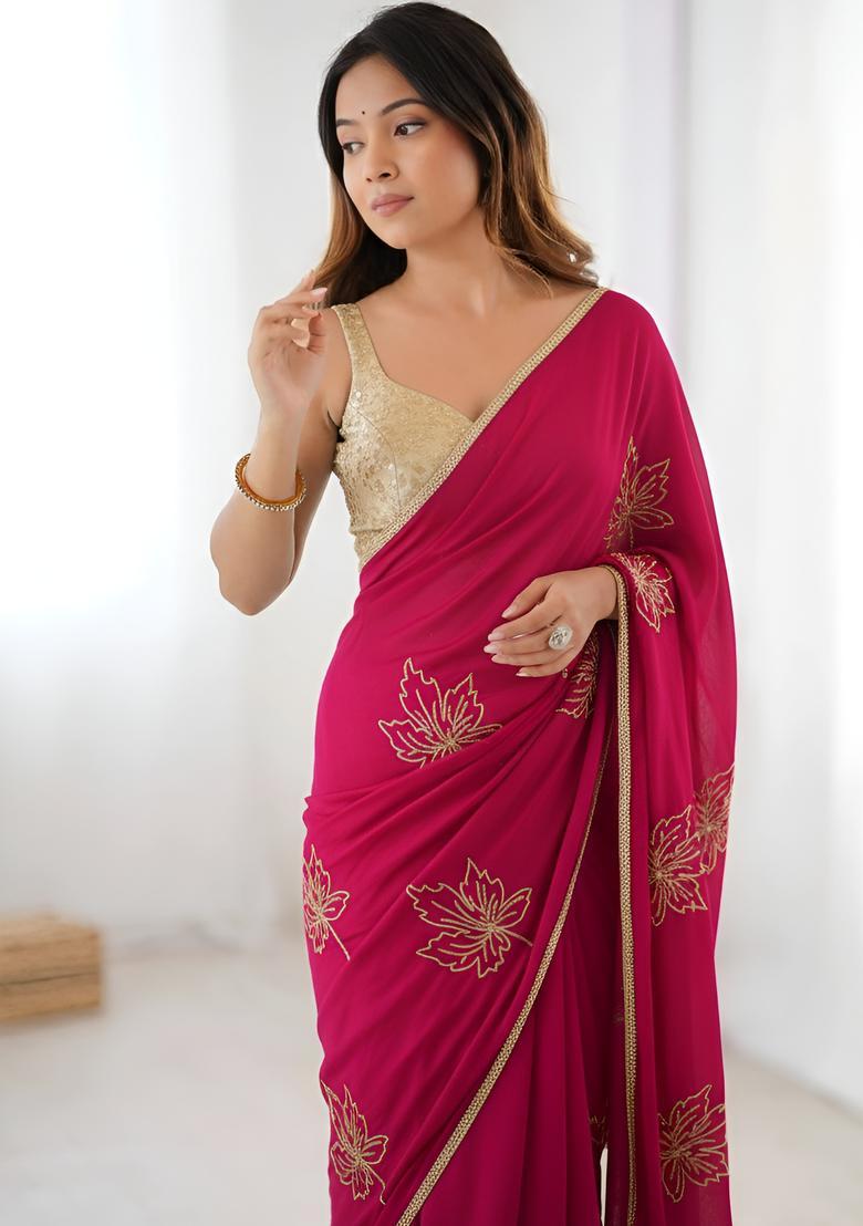 Pink Embroidery Silk Saree Set - Indya