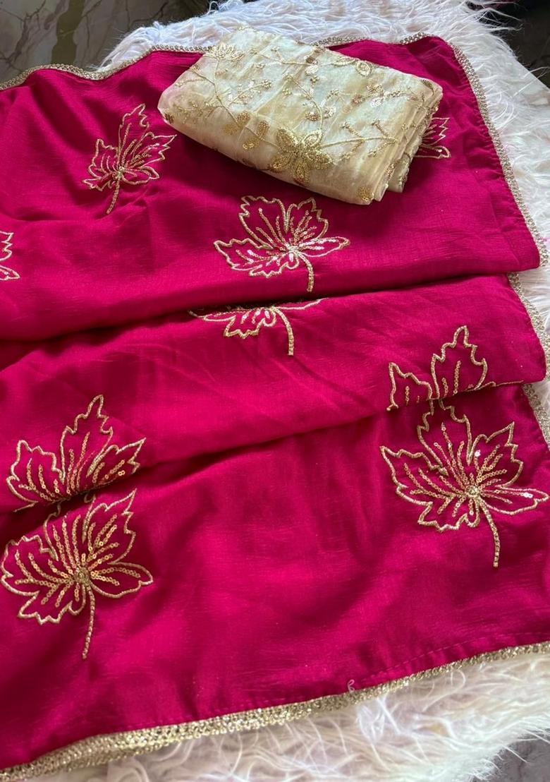Pink Embroidery Silk Saree Set - Indya