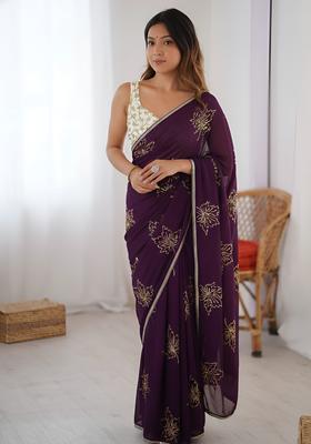 Purple Embroidery Silk Saree Set