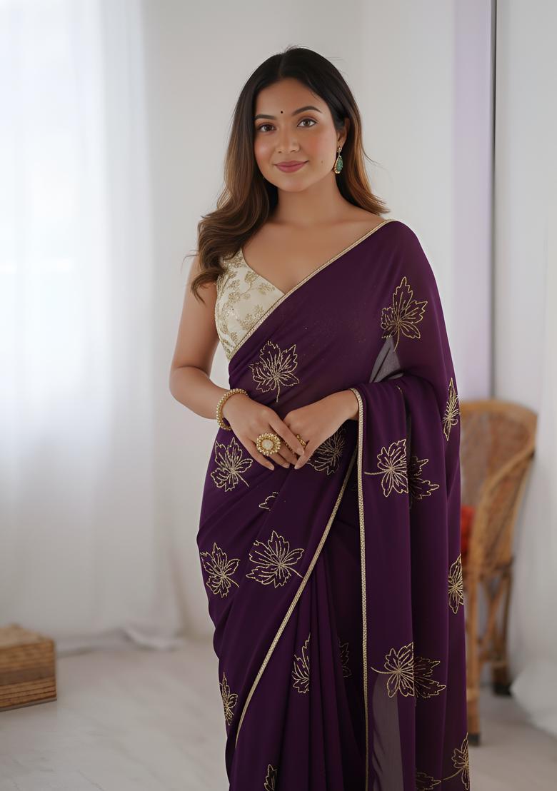 Purple Embroidery Silk Saree Set - Indya