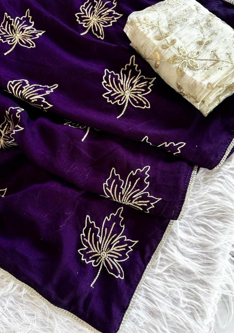 Purple Embroidery Silk Saree Set - Indya