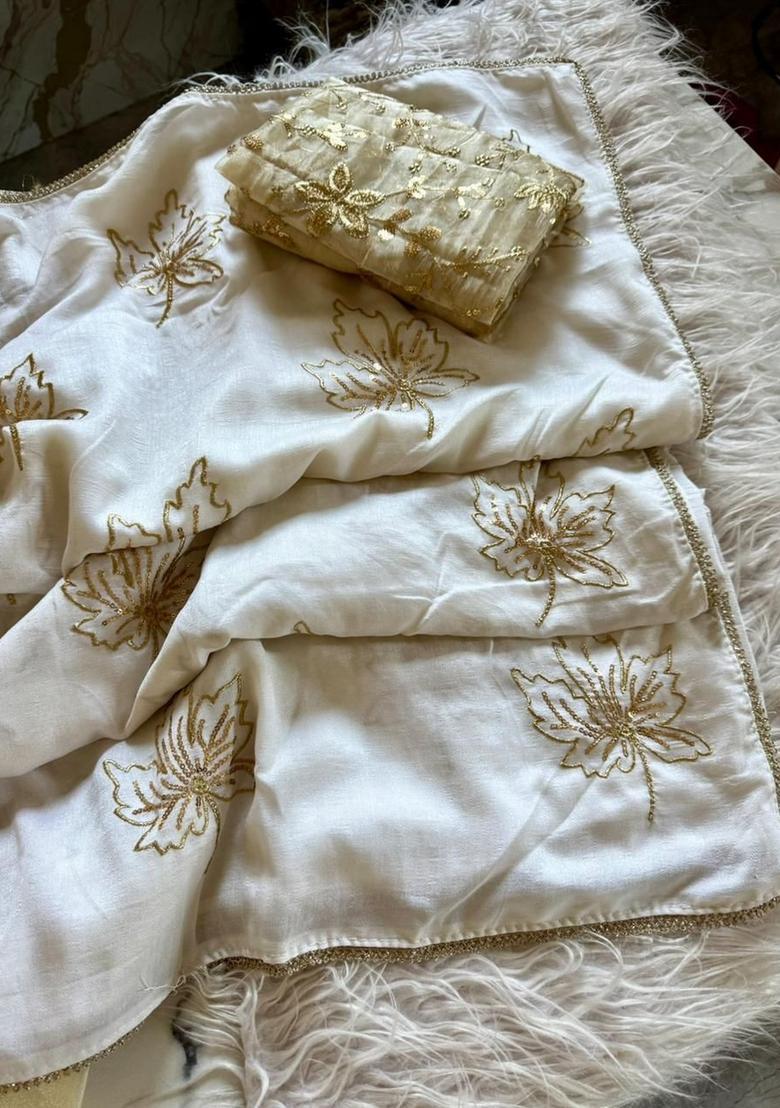 Off White Embroidery Silk Saree Set - Indya