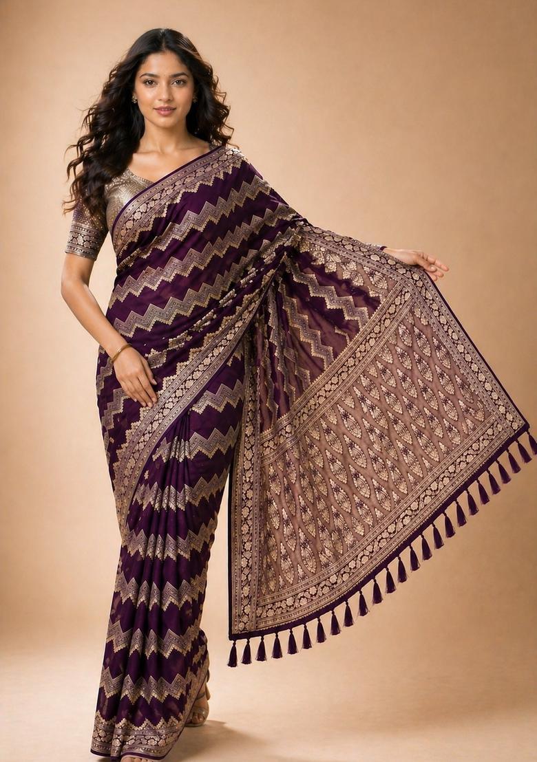 Wine Zari Work Georgette Saree Set - Indya
