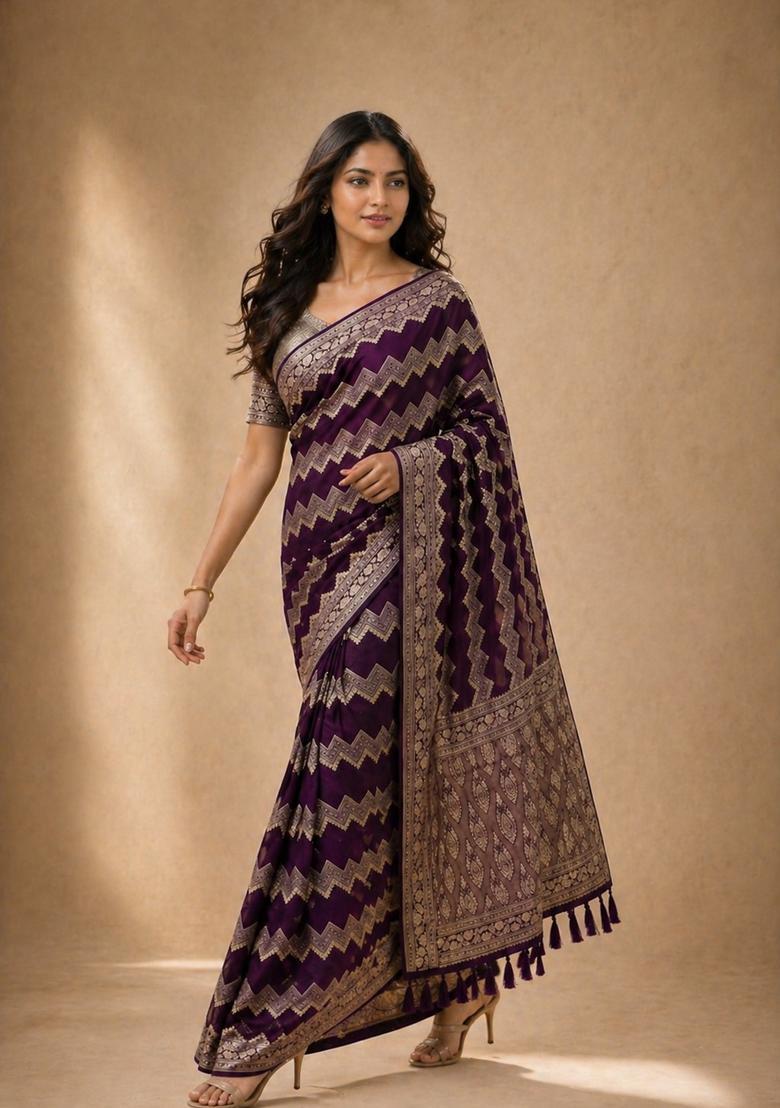 Wine Zari Work Georgette Saree Set - Indya