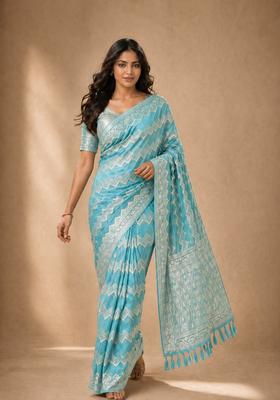 Blue Zari Work Georgette Saree Set