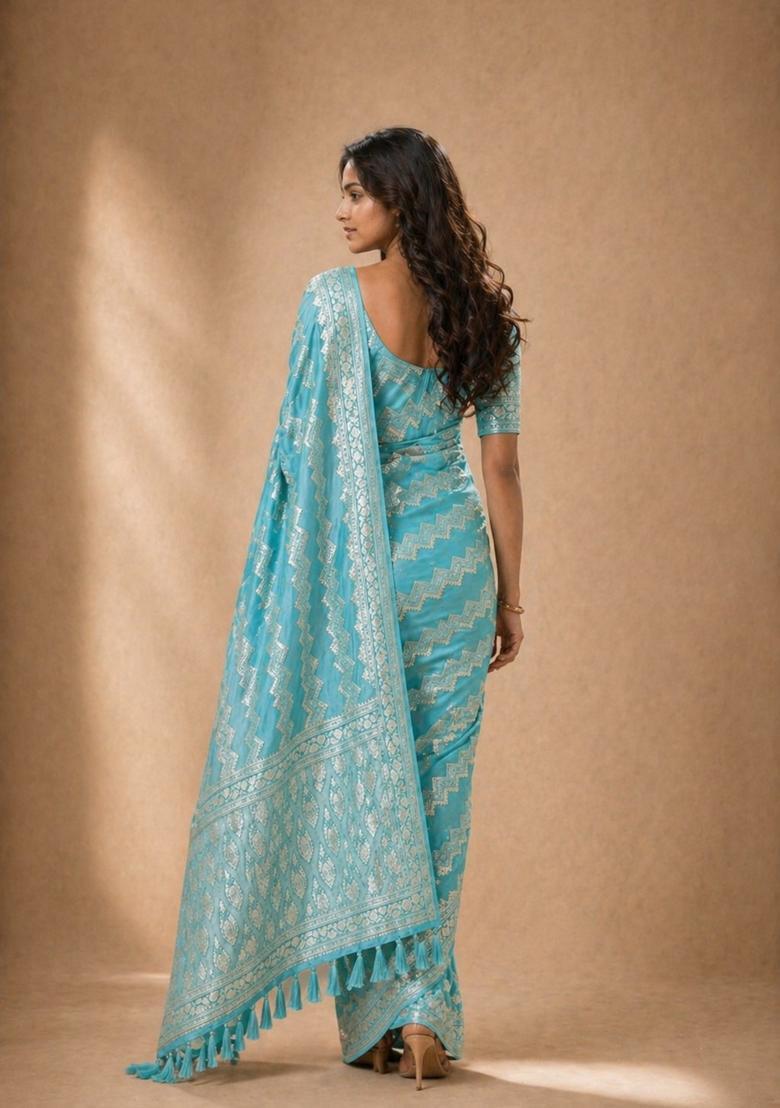 Blue Zari Work Georgette Saree Set - Indya