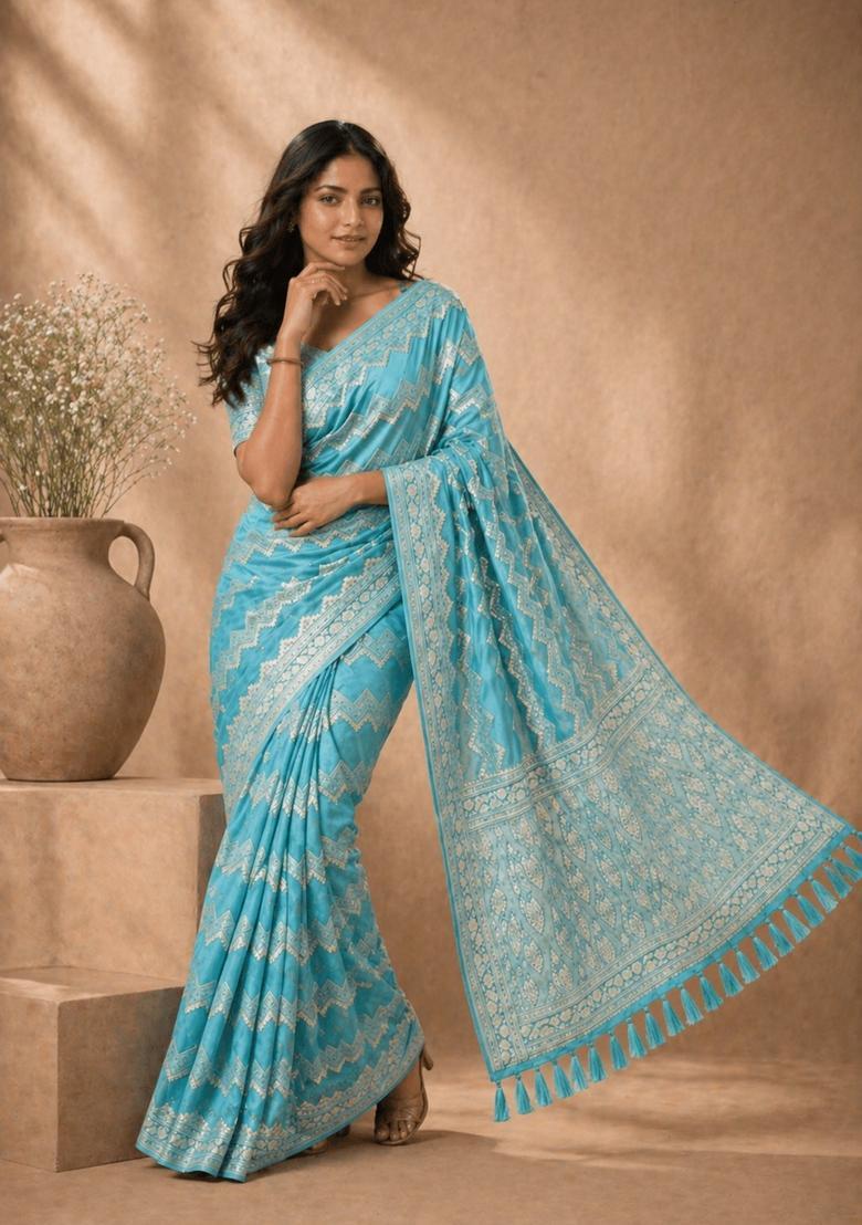 Blue Zari Work Georgette Saree Set - Indya
