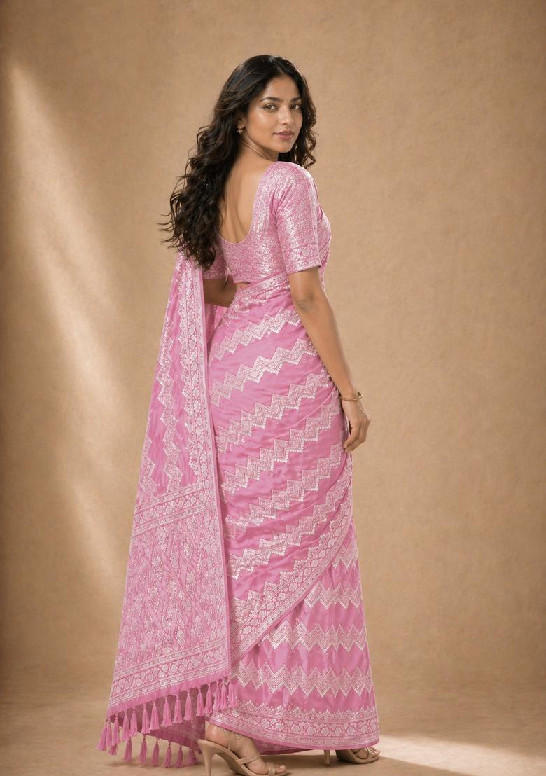 Pink Zari Work Georgette Saree Set - Indya
