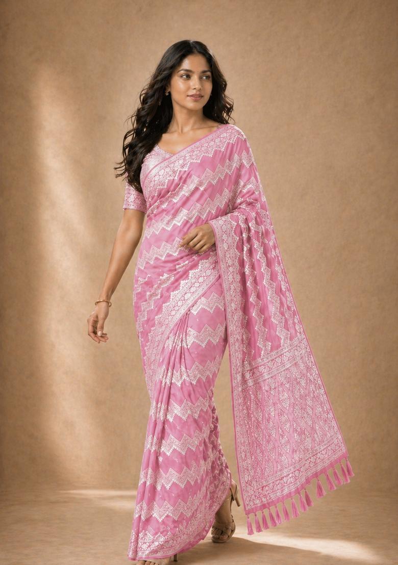 Pink Zari Work Georgette Saree Set - Indya
