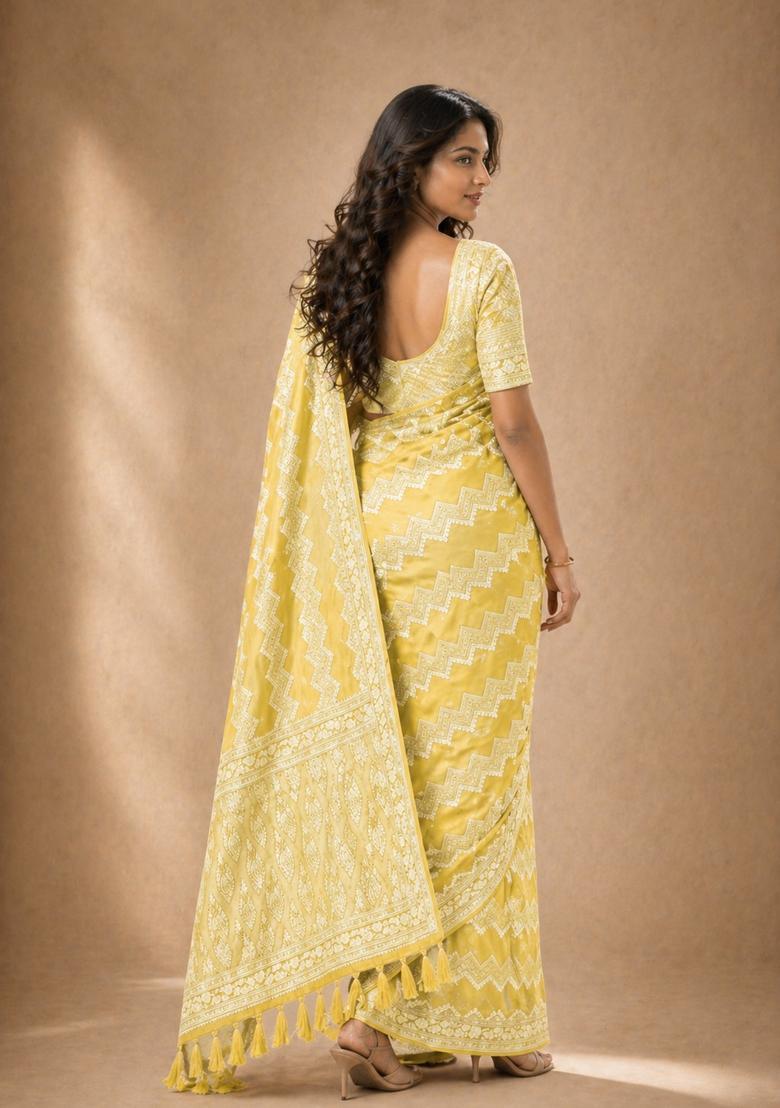 Yellow Zari Work Georgette Saree Set - Indya