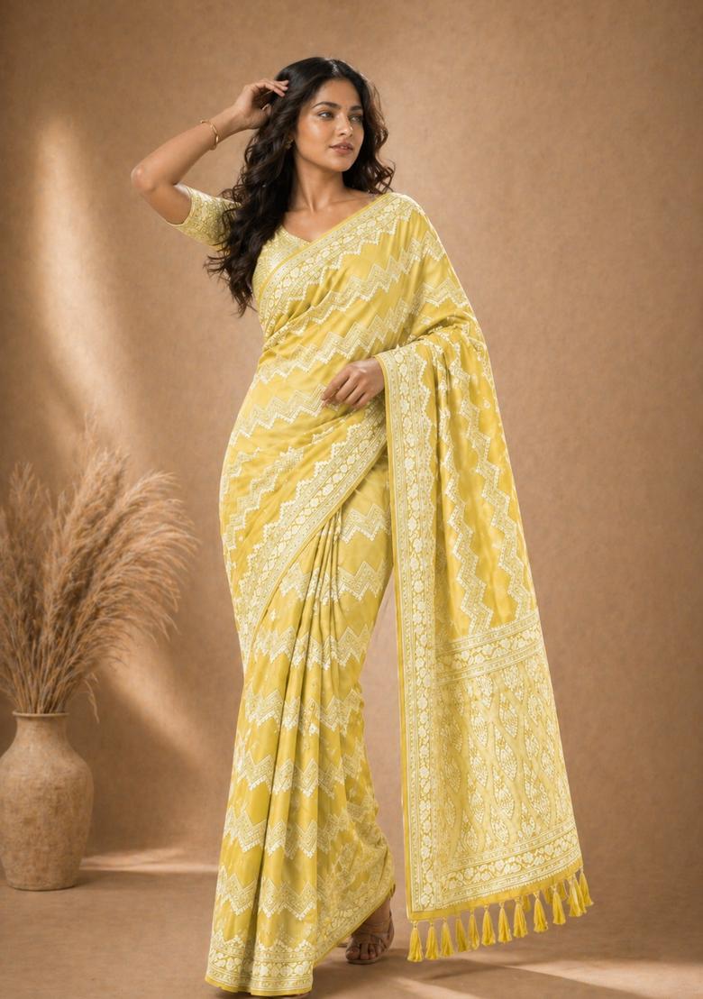 Yellow Zari Work Georgette Saree Set - Indya