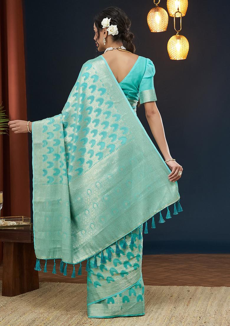 Blue Zari Work Georgette Saree Set - Indya
