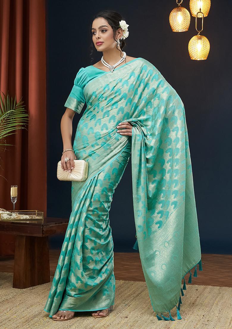 Blue Zari Work Georgette Saree Set - Indya