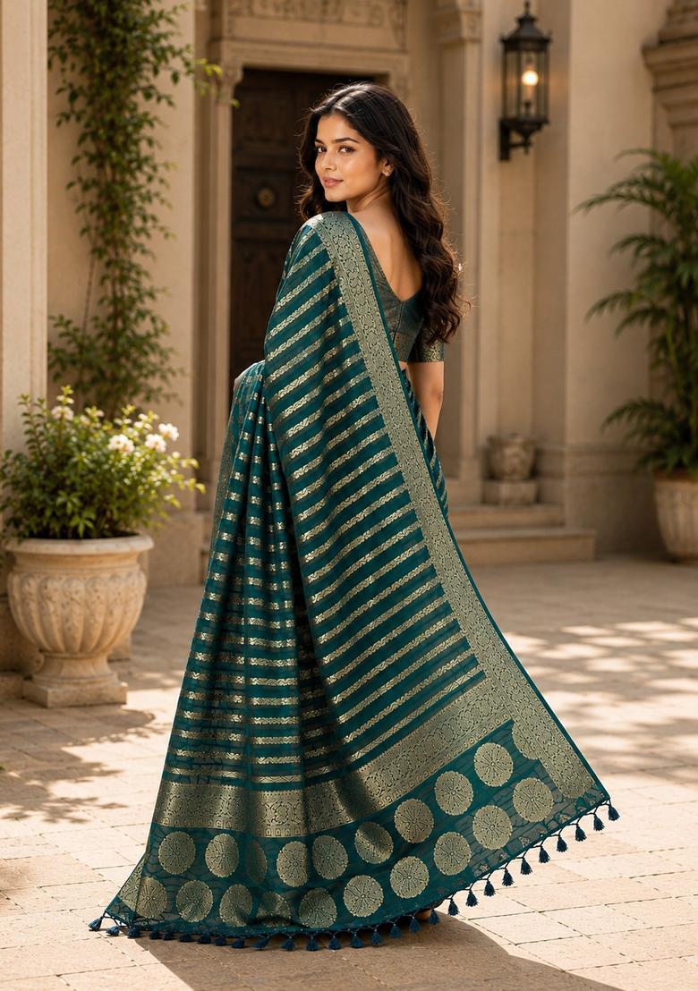 Teal Blue Zari Work Georgette Saree Set - Indya