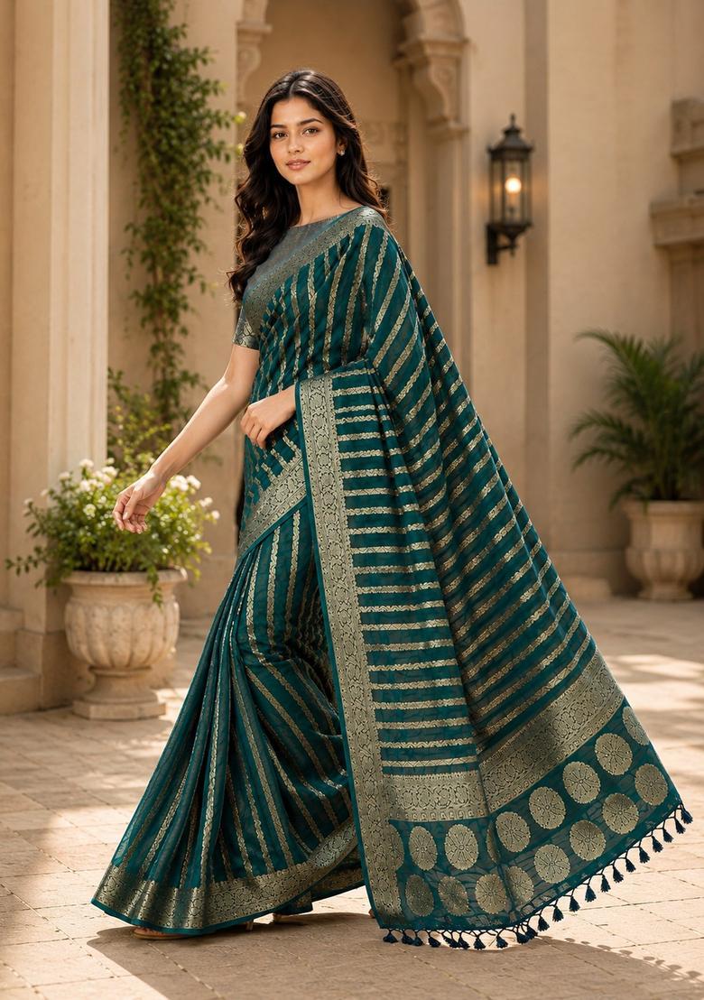 Teal Blue Zari Work Georgette Saree Set - Indya