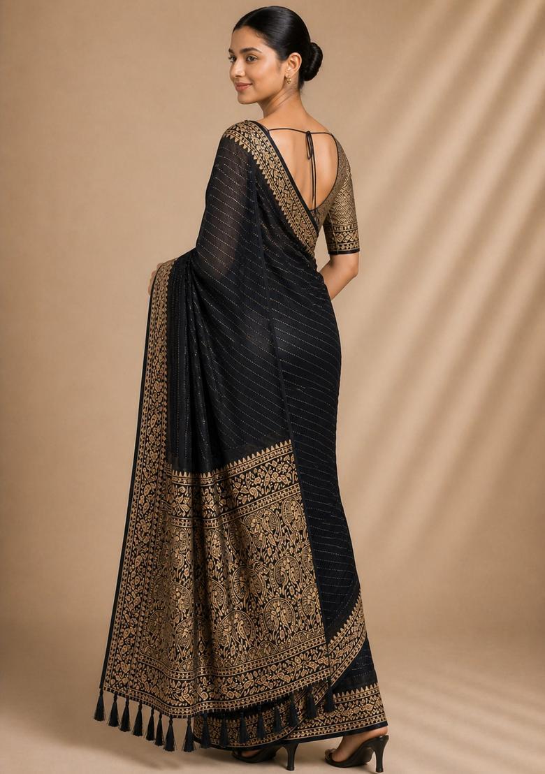 Black Zari Work Chiffon Saree Set - Indya