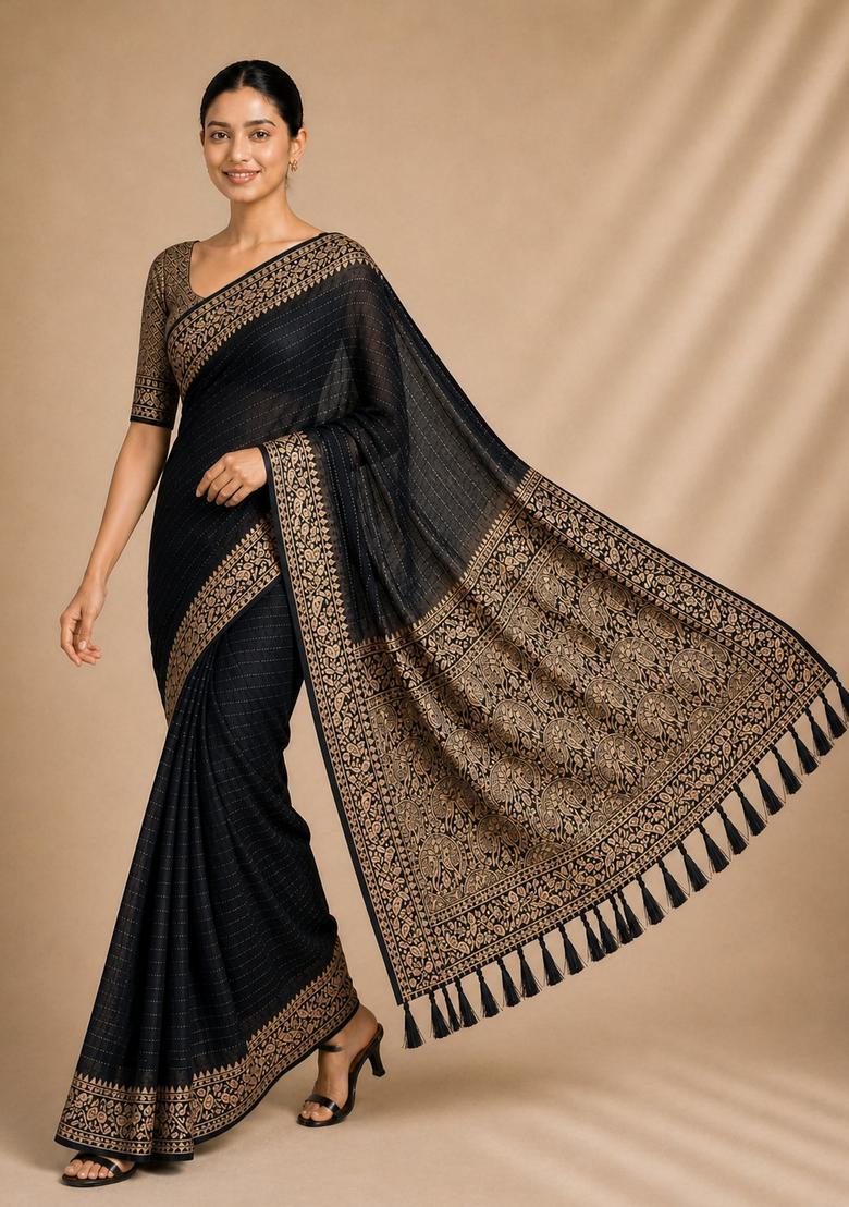 Black Zari Work Chiffon Saree Set - Indya