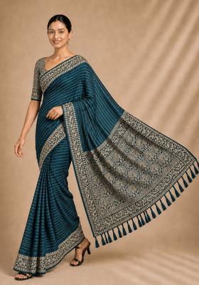 Teal Zari Work Chiffon Saree Set