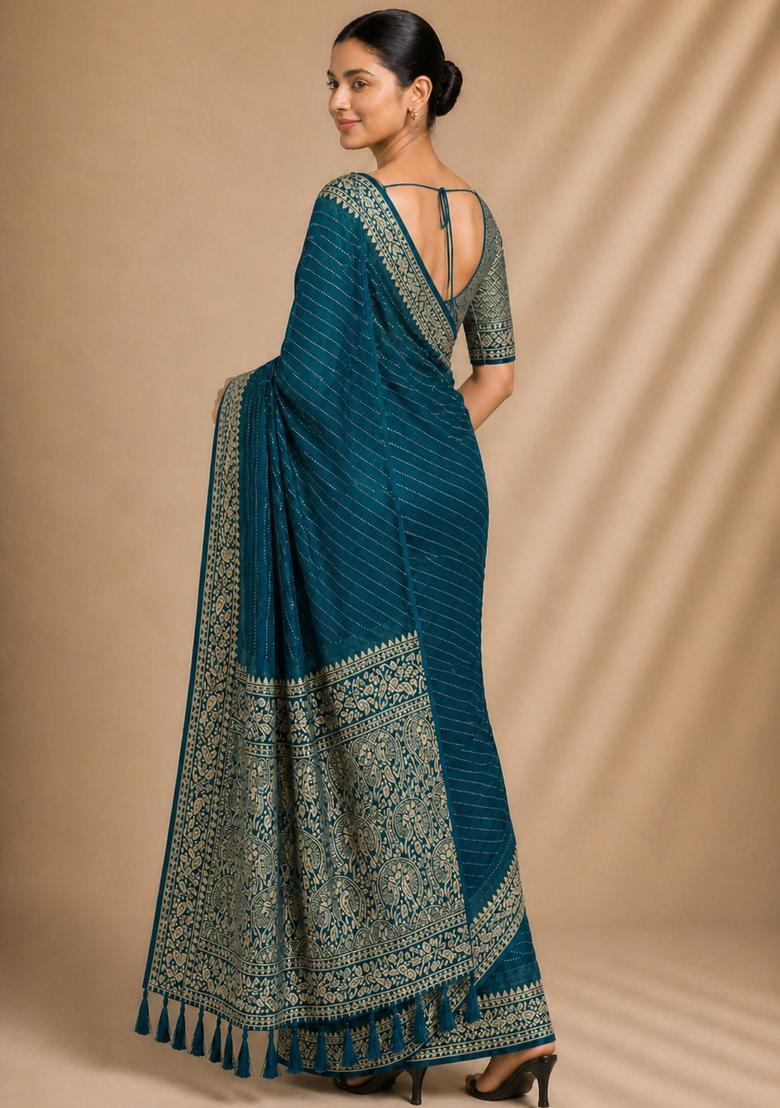 Teal Zari Work Chiffon Saree Set - Indya